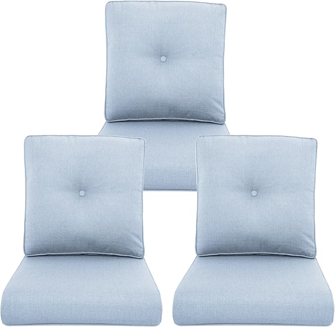 Outdoor Chair Cushions 3 Packs - Outside High Back Thick Water-Resistant Cushion 22x24 with Zipper Cover for Patio Glider Rocking Chairs Loveseat Couch – Baby Blue/Buckle