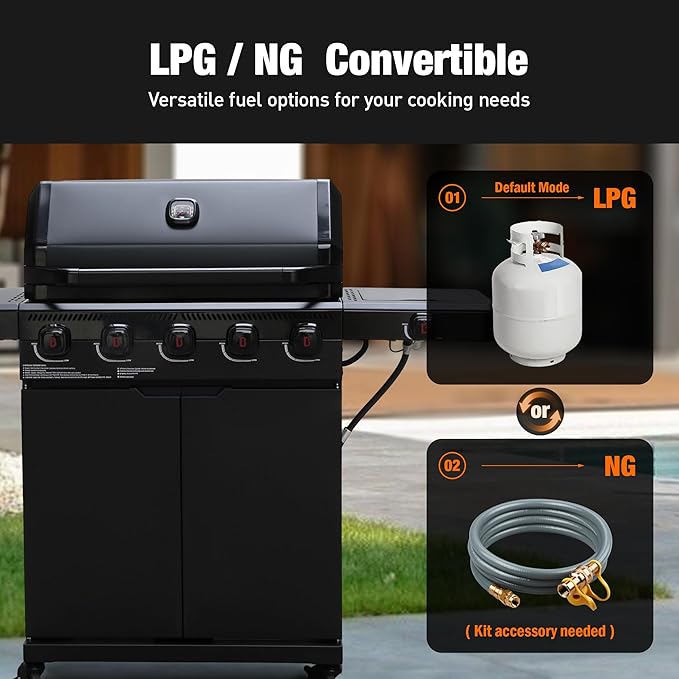 Brand-Man PRO 5-Burner Propane Gas Grill,14000 BTUs Searing Zone with Infrared-Mesh, Porcelain-Enameled Cast Iron Grates and Griddle, Side Burner & Natural Gas Convertible for Outdoor Barbecue Cooking