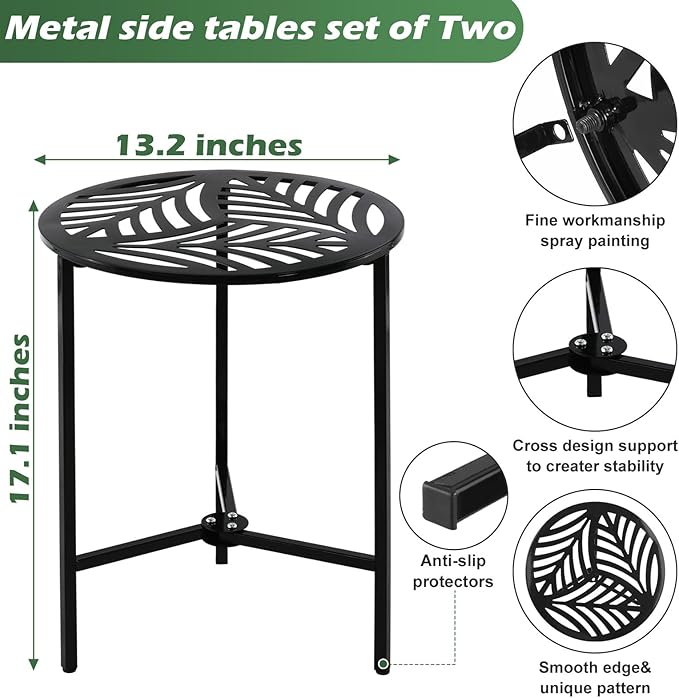 2 Packs 13" Metal Outdoor Side Tables Small Black Outside End Table for Patio Round Accent Garden Corner Stand for Small Spaces Weather-resistant Coffee Table for Balcony Porch Plant Stand