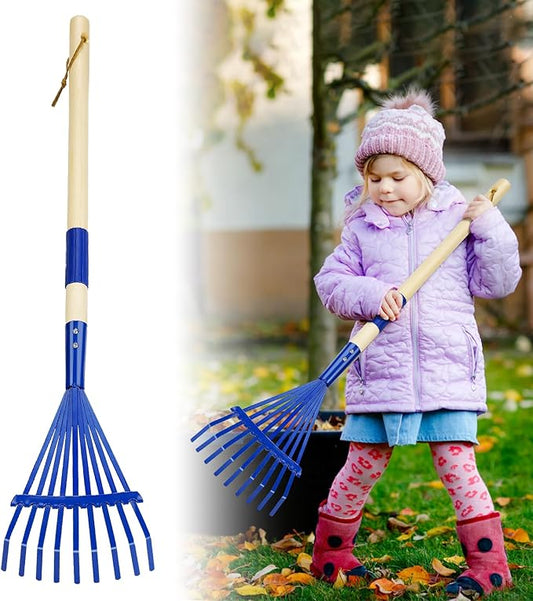 Kids Friendly Rakes for Leaves - 28" Child Size Small Rake with Durable Metal Head & Hardwood Handle, Real Lawn Garden Yard Tools for 3+ Years Kids Enjoy Helping Work Gifts (Blue)