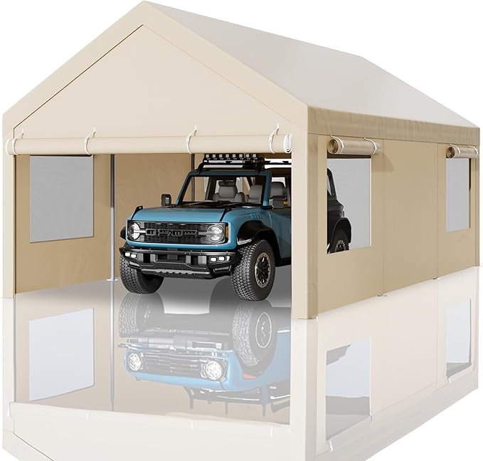 Nuturelly 12x20 FT Carport, Heavy Duty Carport Canopy with Roll-up Windows, Portable Garage with Removable Sidewalls & Doors, Car Canopy with All-Season PE Tarp for Car, Truck, Boat(Khaki)