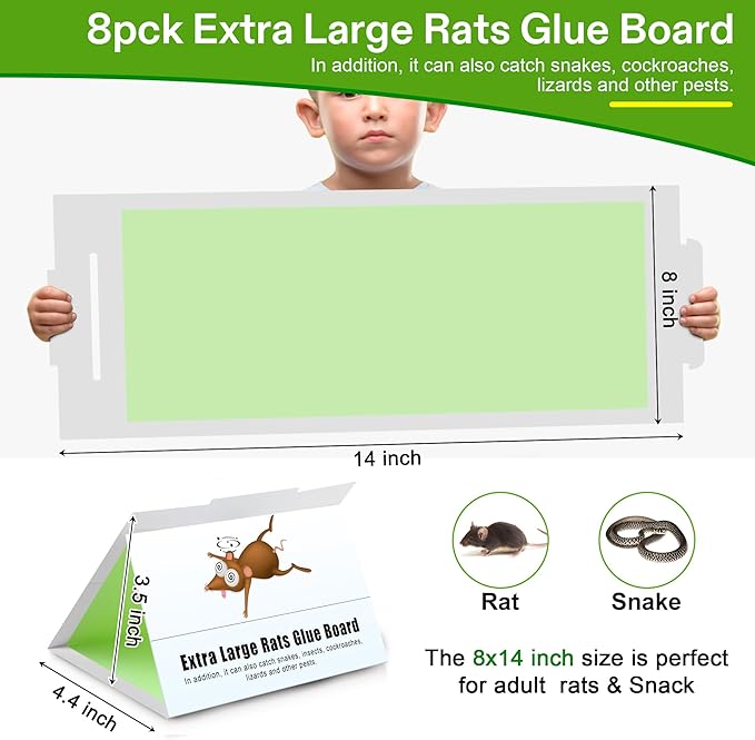 Qualirey 8 Pack Sticky Mouse Traps 8 x 14 Large Sticky Rat & Mouse Glue Boards for Inside Outside, Pre Scented Non Toxic Adhesive Traps with Enhanced Stickiness for Rat Mice Snake, Pet Safe