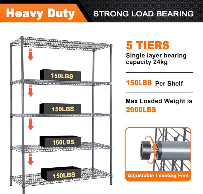 Land Guard 5 Tier Storage Racks and Shelving - 48" L x 20" W x 72" H Heavy Steel Material Pantry Shelves - Each Unit Loads 350 Pounds Wire Shelf, Suitable for Warehouses, Closets, Kitchens…