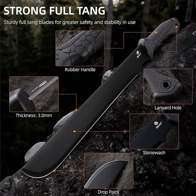REAT Machete Heavy Duty with Sheath,24-inch Full Tang 420 Stainless Steel Blade,Non-silp Rubber Handle for Yard Work, Cutting Trees,Camping,Outdoor (Black)