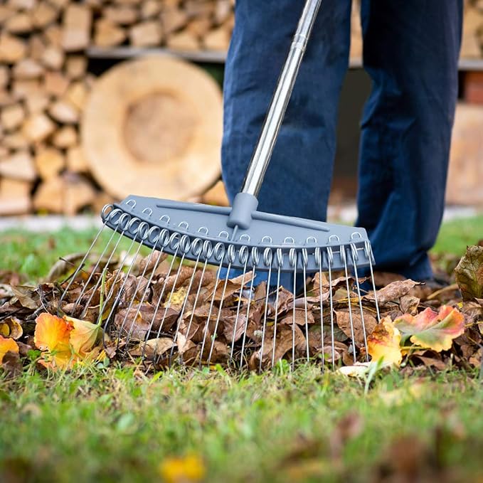 Thatch Rake Adjustable 17"-63", Efficient Metal Leaf Rakes, Wide with 24 Durable Steel Tines, Lightweight Garden Thatching Rakes Used for Mulch ,Leaves, Debris, Pine Needles, Shrub, Gravel