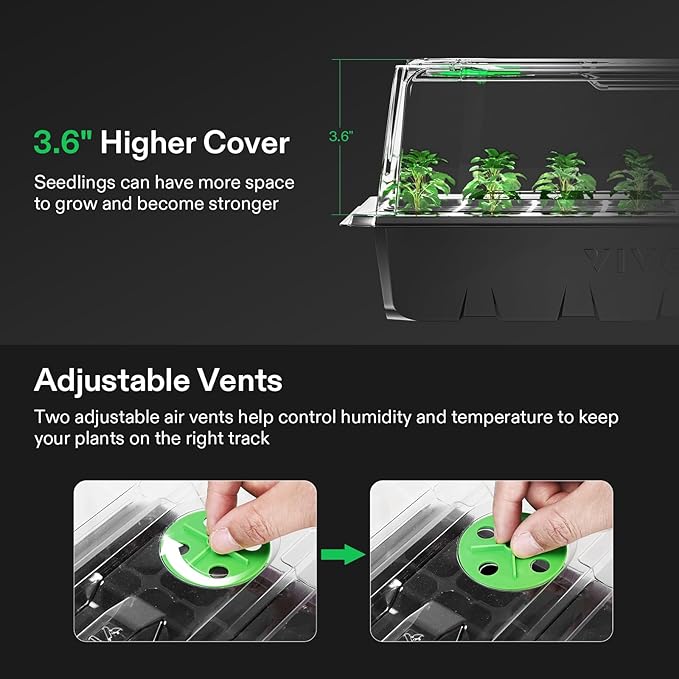 VIVOSUN 1-Pack 40-Cell Seed Starter Trays with 1 Set of LED Lights and 10"x20.75" Seedling Heat Mat, 3.6" Higher Cover, Adjustable Vents, Drainage Holes, Green Propagation Tray for Planting Seeds