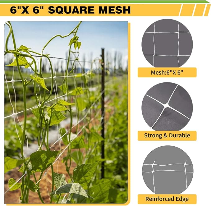 Trellis Netting Roll 4ft x 3280ft, Heavy Duty Plastic Trellis Net, 6” x 6” Squares Mesh Climbing Plants Support Netting, High-Intensity Garden Net for Vegetables, and Vines