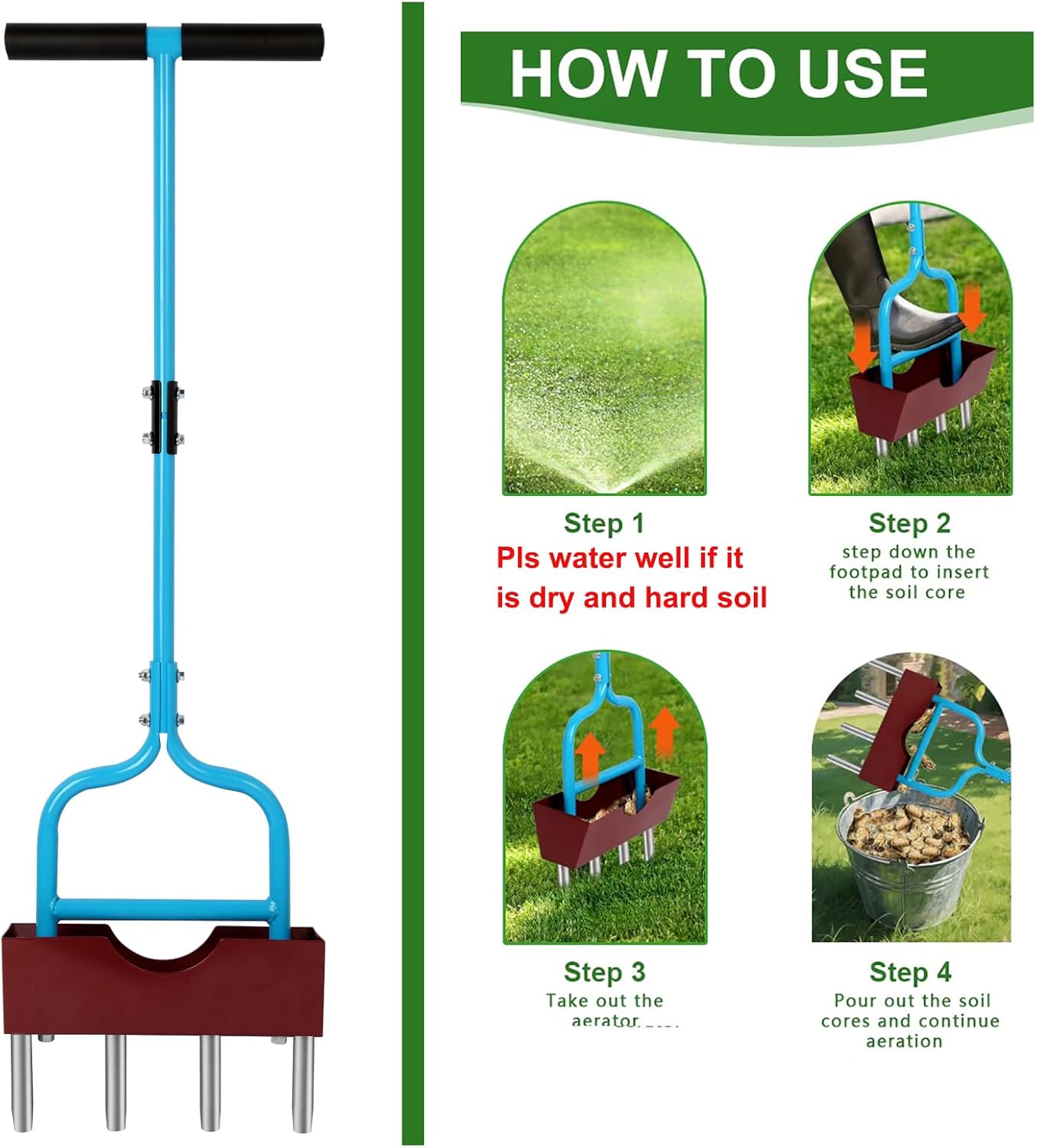 Sancat Lawn Aerator with Larger Soil Core Storage Tray, Heavy Duty 38” Coring Aerator,Manual Rolling Plug Aerator, Gardening Tools with 4 Stainless Tines for Lawn Care