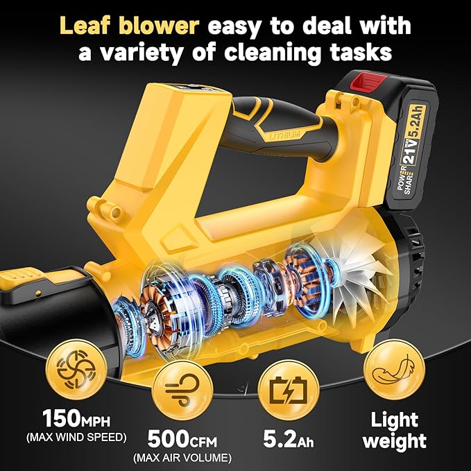 Leaf Blower Cordless with Shoulder Strap, Electric Leaf Blower with 5.2Ah Battery & Charger, Digital Display, Handheld Blower for Lawn Care, Yard, Blowing Leaves, Dust, Snow, Gifts for Men