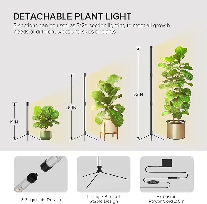SANSI Vertical Grow Light, T10 Standing Grow Light for Indoor Plants, 55W 144 LEDs Full Spectrum Plant Light 4.34FT Adjustable Three-Stage, 5 Dimming, 4000K, Timer 3/6/12h for Wide Coverage Growth