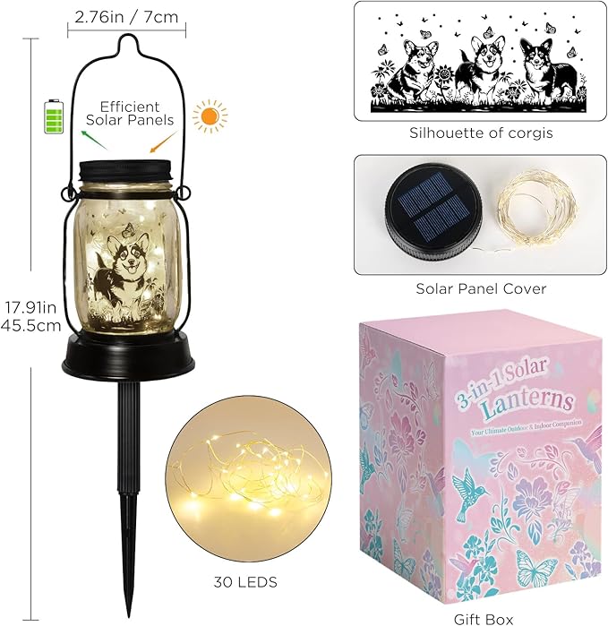 Corgi Gifts for Women/Men Corgi Solar Lanterns Dog Mom Birthday Dog Lovers Lantern Pet Loss Pet Memorial Lights Solar Garden Decoration for Yard, Patio,Backyard,Porch Torches