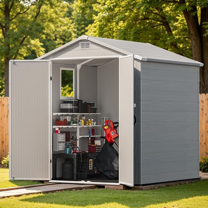 Patiowell 6 x 6 FT Outdoor Storage Shed with Lockable Door & Floor - Resin Garden Tool Shed with 2 Windows, Waterproof Easy Assembly for Backyard, Lawn Equipment, Patio Furniture Storage (Light Grey)