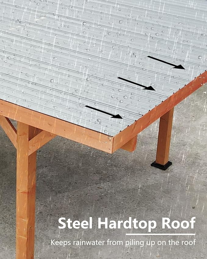 18.3 x 12.6 x 7.8 FT Carport, Wood Outdoor Gazebo Pavilion with Hardtop Sloped Steel Roof, Heavy Duty Waterproof Car Port for Backyard, Patio, Deck and Lawn