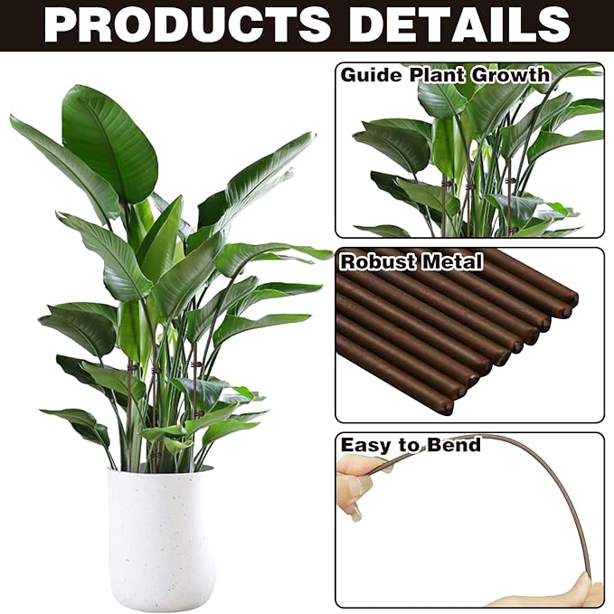 10Pcs Plant Support Stakes with 15Pcs Plant Clips, 15.75inch Tall Bendable Single Stem Sticks Orchid Clips Brown Helps Growth for Indoor Outdoor Flowers Rose Amaryllis
