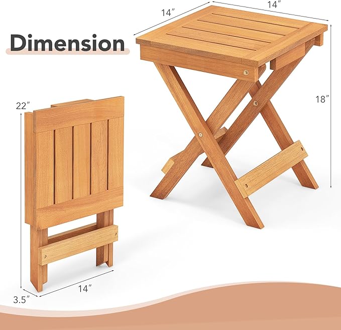 Tangkula Outdoor Folding Side Table, Wood Patio Bistro Table with Slatted Tabletop & X-Shaped Legs, Portable Square Coffee Table for Garden, Poolside, Camping, Picnic, 14" x 14" x 18" (2, 14 inches)