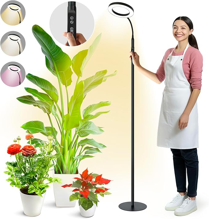 Grow Light for Indoor Plants,Upgrade Controller,Red Blue White Full Spectrum 95 LED Bulbs,60IN Stand Tall, Auto Timer, Stable Base,10 Dimmable Halo Floor Growth Lamp for Large Small Plant