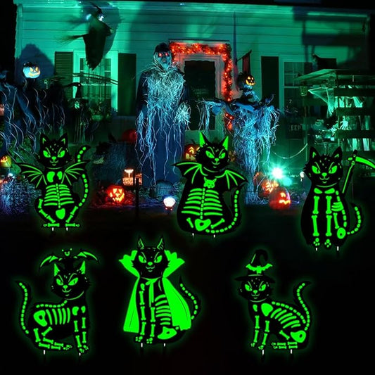 Outdoor Halloween Cat Decor, 6Pcs 16.5”×12.6” Glow in the Dark Black Cat Yard Stake, Waterproof Scary Porch Graveyard Decoration with Light-Up Effect, Suitable for Garden, Party and Home Decor