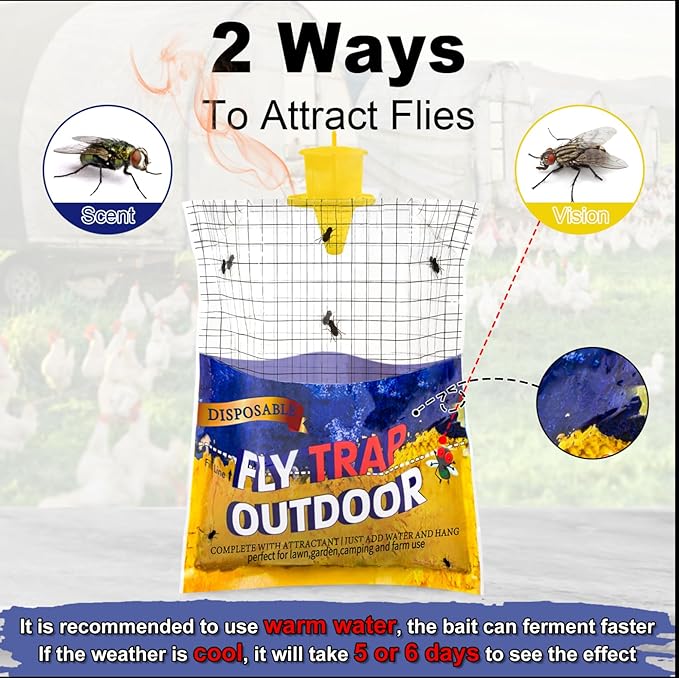 Disposable Fly Traps 4 Pack Big Bags Outdoor, Flies Catcher Traps with Natural Pre-Bait Refill Repellent, Stable Horse Ranch Trapper Outdoor Hanging Fly Killer Helps Control Flies