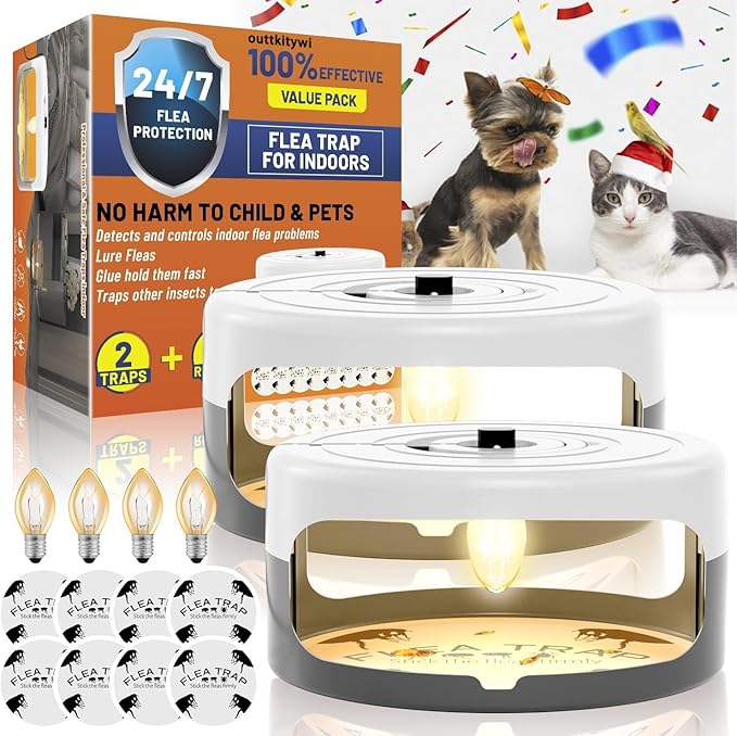 2 Pack Flea Traps for Inside Your Home with 8 Sticky Trap Refills & 4 Bulbs & 2 Electric Wires, Flea Killer Indoor Bed Bug Trap Pest Control, Non Toxic & Harmless, Friendly to Pets & Kids