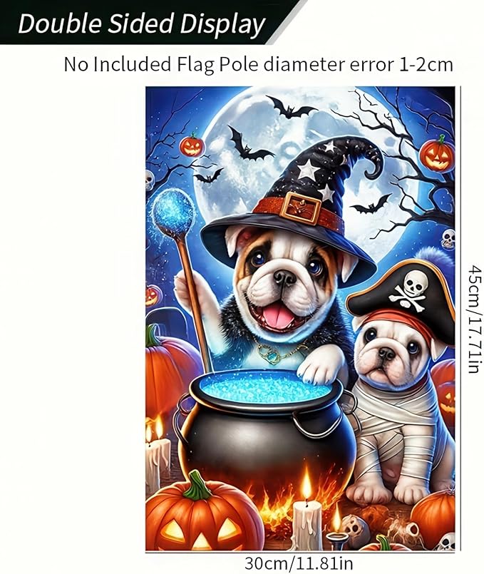 Halloween Garden Flag Double Sided 12x18 Flag Cute Dog Flag Bulldog Halloween Garden Flag Dogs In Wizard And Pirate Costumes Cauldron Pumpkins Full Moon Fun Outdoor Yard Lawn Decoration