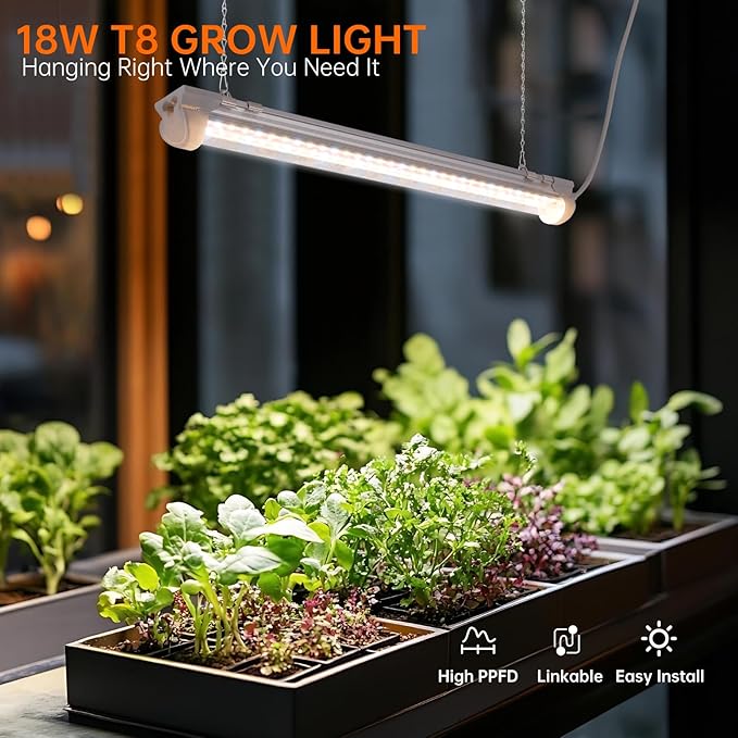 T8 Grow Light, 1.4FT 108W (6 x 18W) Plant Lights for Indoor Growing, Full Spectrum with 660nm Red LEDs, 3467K, Ideal for Indoor Plants, Greenhouse, Linkable Design with On/Off Switch, 6-Pack