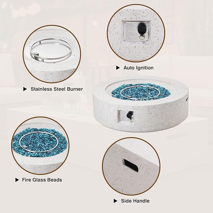 3-Piece Outdoor Propane Fire Pit Table Set – Premium Terrazzo-Like MgO Finish, Round Gas Fire Table with Tank Table & Glass Wind Guard for Patio, Garden & Backyard, Includes Rain Cover & Glass Beads