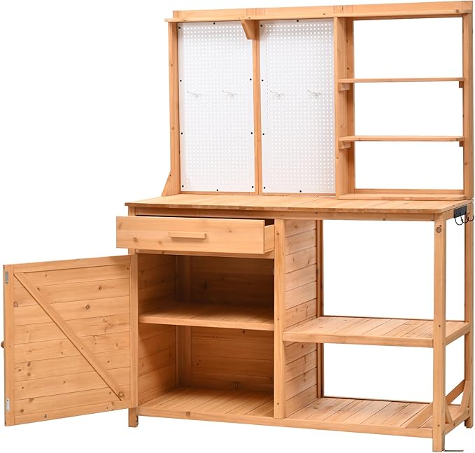 Fir Wood Potting Bench with Hutch - Outdoor Garden Workstation with 4 Shelves, Drawer & Adjustable Storage, 50.2" Countertop, & Pegboard (Natural + Wood + Rustic)