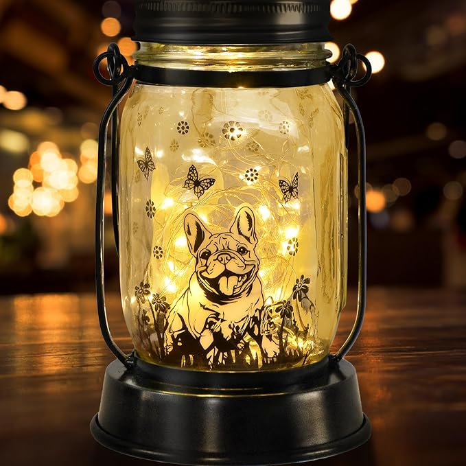 French Bulldog Gifts for Women/Men French Bulldog Solar Lanterns Dog Mom Birthday Dog Lovers Lantern Pet loss Pet Memorial Lights Solar Garden Decoration Outside for Yard, Patio,Backyard,Porch Torches