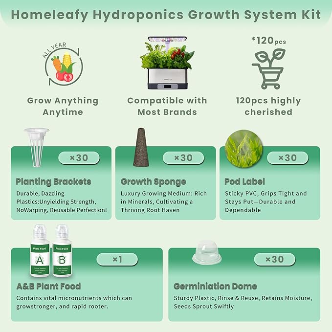 122 Pcs Universal Seed Pod Kit, Square Hydroponic Grow Set with 30 Sponges, 30 Domes, 30 Baskets, 30 Labels, and Hydroponics Nutrients A & B, Compatible with Most Hydroponic Growing System,Herb Garden