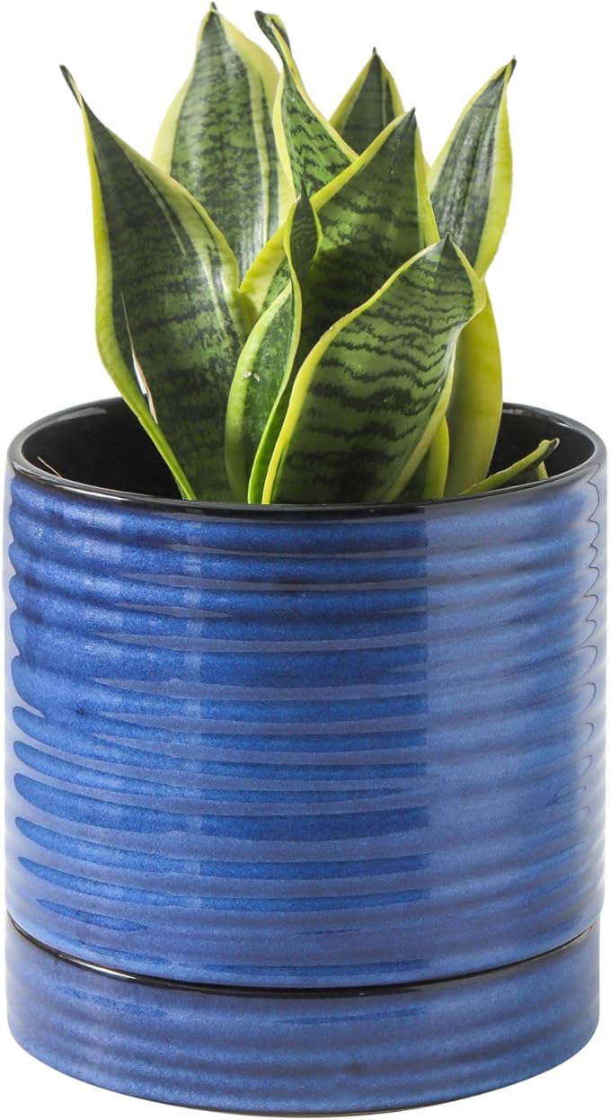 Hasense Ceramic Planter 8 Inch, Round Plant Pot with Drainage Hole and Saucer, Modern Flower Pot for Indoor Outdoor Plants, Home Office Decor, Blue