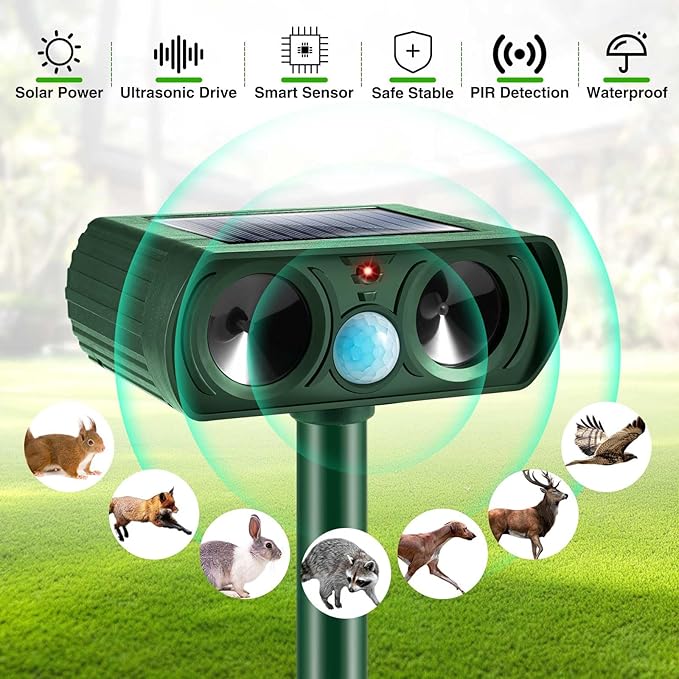 4Pack Solar Ultrasonic Animal Repellent Outdoor Deer Repellent Devices with Motion Detection&Flash Light Squirrel Cat Raccoon Rabbit Dog Deterrent,2025 Keep Rodent Chipmunk Away for Yard Garden Lawn
