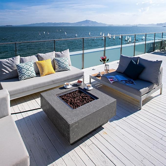 Manhattan Concrete Fire Pit 36" x 36" Outdoor Patio Firepit Includes Lava Rocks Modern Fire Pits & Outdoor Fireplaces for Garden, Deck, Indoor & Outdoor Heating