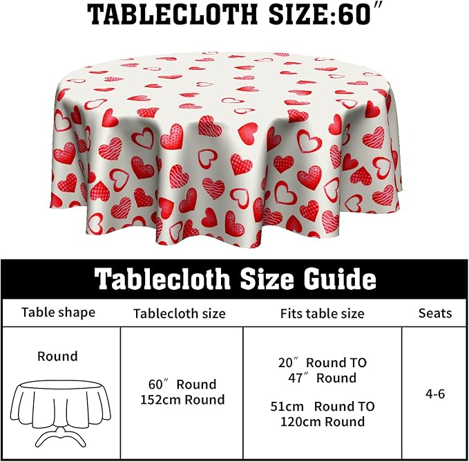 Giwawa Red Hearts Round Tablecloth 60 Inch,Love Romantic Wedding Anniversary Holiday Washable Polyester Table Cover for Dinner Restaurants Kitchen Party Events Tabletop Decoration