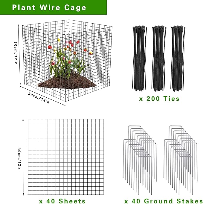10 Pack Wire Plant Protectors Square Wire Plant Cages Mesh Plant Cage Chicken Wire Cloche with 40 Ground Stakes and 200 Nylon Ties Protect Plants, Garden,Shrubs and Vegetables from Animals, 12x12 inch
