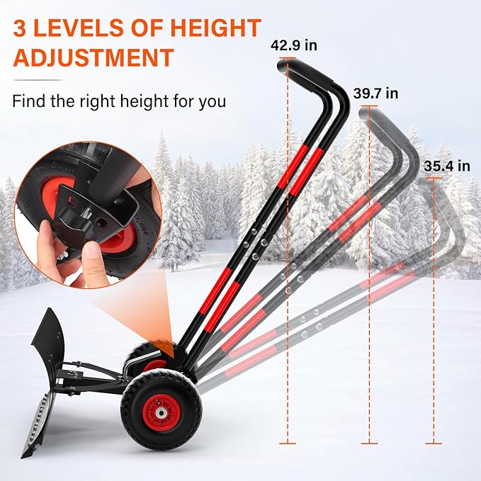 Snow Shovel with Wheels,Heavy Duty Steel Snow Shovel Pusher for Driveways,Sidewalks,3 Level Adjustable Handle and Angle Blade Push Plow