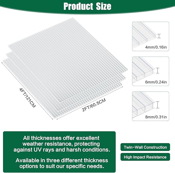 24Pack Clear Polycarbonate Greenhouse Panels,Twin-Wall Polycarbonate Sheets for Roofing,Greenhouses ,Weather Resistant for Roof, Siding, and Sunroom( 4ftx2ftx0.16in)