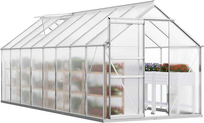 YITAHOME 16x6FT Polycarbonate Greenhouse for Outdoors, Large Heavy Duty Aluminum Greenhouses with Sliding Doors and Vent Window, Walk-in Greenhouse for Garden Backyard, Simple Setup, Silver