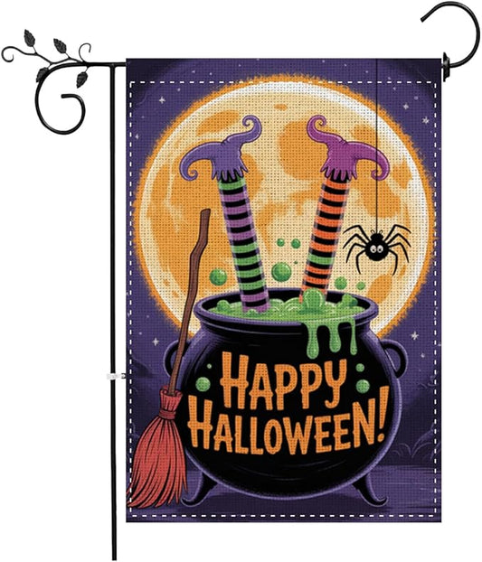 Fokongna Halloween Garden Flag, Happy Halloween Witch Feet Garden Flag, 12x18 Inch Burlap Vertical Double Sided Flags, for Home Yard Outside Decorations