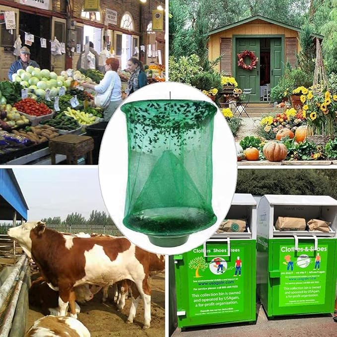 Ranch Fly Trap Outdoor Hanging Reusable with Fishing Apparatus | Food Bait Tray Catcher Cage for Indoor or Outdoor Family Farms, Park (10 Pack)