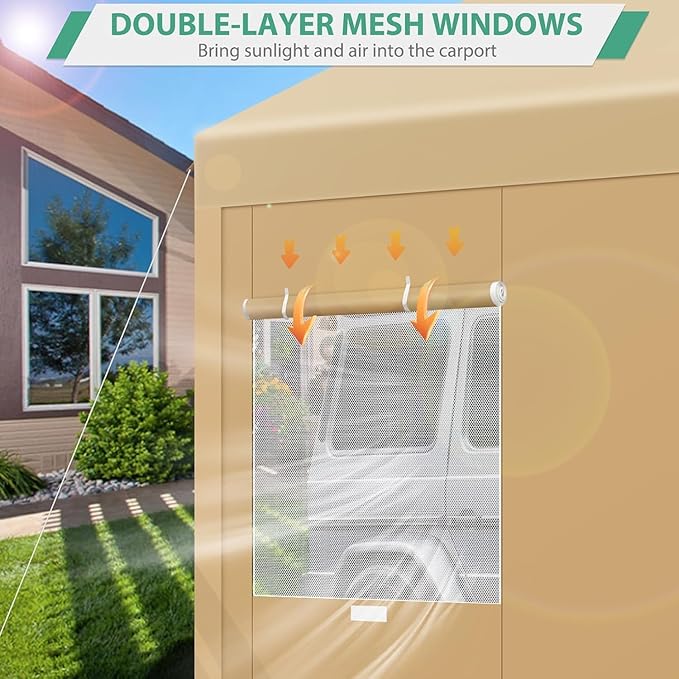 COBIZI Carport 12x20ft Heavy Duty Portable Garage, 2.0 Powder Coated Frame(Better Than Galvanized), Waterproof Shelter with Removable Sidewalls & Windows, Built-in Sandbags, for Car/Boat/SUV, Khaki