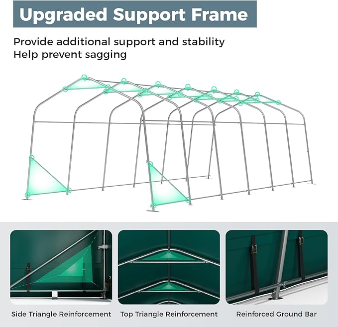 GREEN PARTY 11' x 24' Heavy Duty Carport, Portable Storage Shelter Shed Outdoor Carport with Roll-up Zipper Door & Vents, Storage Car Canopy Car Tent Garage for SUV, Truck and Boat, 200g PE Cover