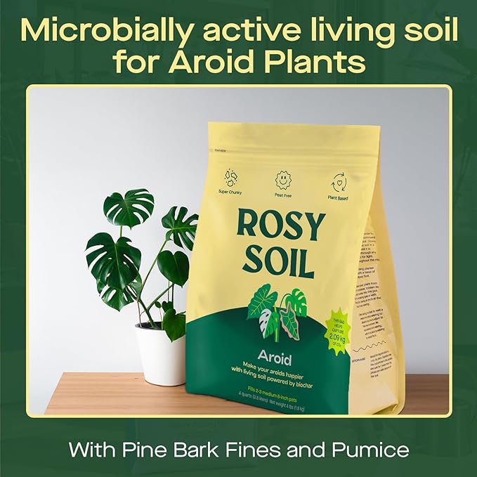Rosy Soil Aroid Soil Potting Mix - Peat-Free, Microbially Active Biochar Powered Soil for Aroids - Superior Aeration & Drainage for Aroid Plants - Ideal for Indoor Gardening - 4 Quarts
