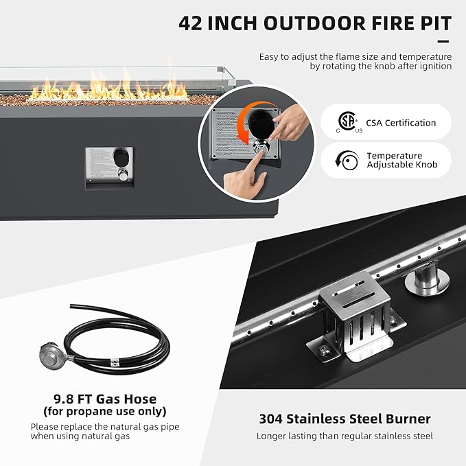 UPHA 42-inch Outdoor Propane Gas Fire Pit Table 50000 BTU Iron Rectangle Firepit for Outside Patio with Tank Hidden Table, Wind Guard, Removable Lid, Gold Glass Rocks, Rain Cover, Dark Grey