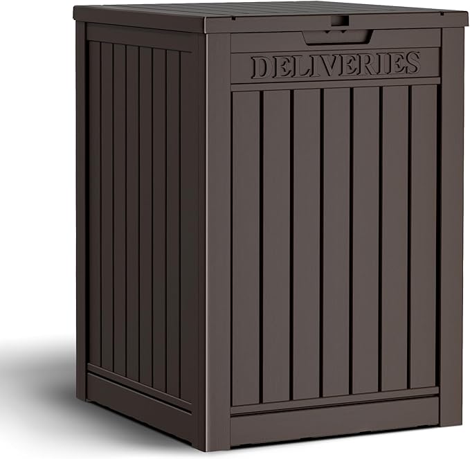 48 Gallon Outdoor Storage Box, Package Delivery Box for Outside with Lockable Secure, Resin Outside Storage Box Waterproof Deck Box for Patio & Pool, Brown