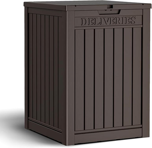 48 Gallon Outdoor Storage Box, Package Delivery Box for Outside with Lockable Secure, Resin Outside Storage Box Waterproof Deck Box for Patio & Pool, Brown