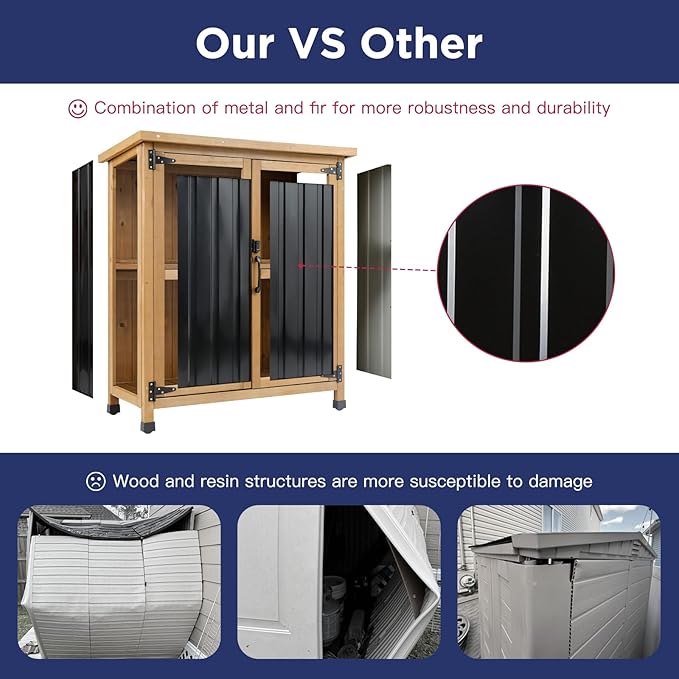 Wood & Metal Outdoor Storage Cabinet with Waterproof Roof, Garden Tool Shed with 4 T-Hinge, 4 Adjustable feet and Magnetic Door, 2 Removable Shelves, Easy Installation, 13.5" D x 34.5" W x 39" H