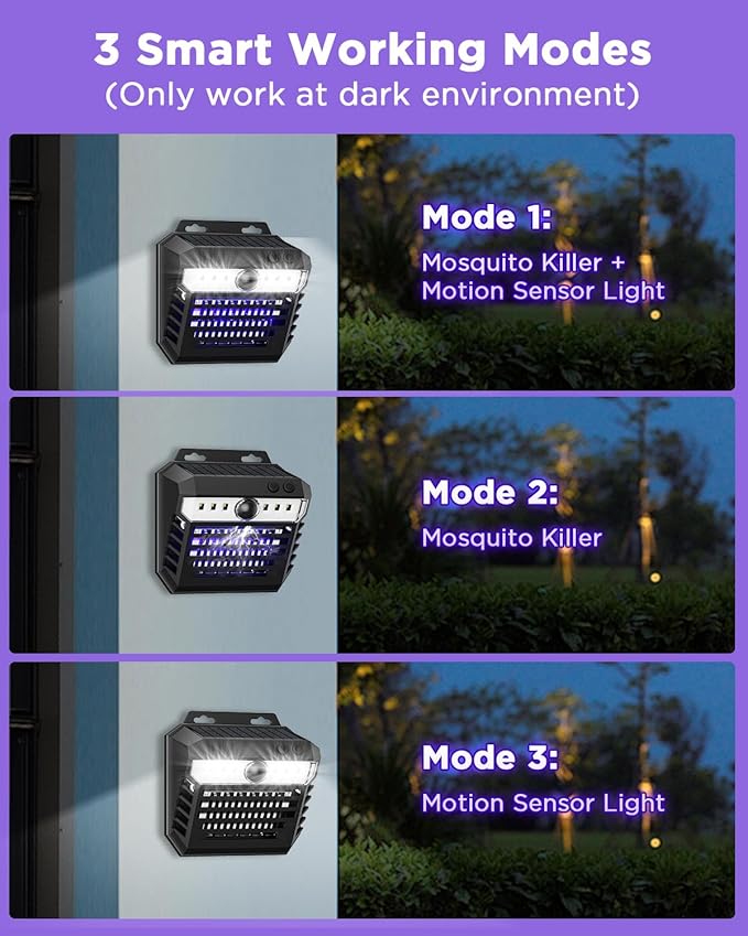 2-in-1 Solar Bug Zapper Outdoor Waterproof with Motion Sensor Light, Cordless Mosquito Zapper Outdoor with 3 Modes, Rechargeable Fly Trap Mosquito Killer Lamp for Patio (Black)