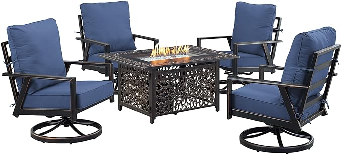Oakland Living Black Aluminum Patio Fire Table Set with Four Club Chairs with Blue Cushions