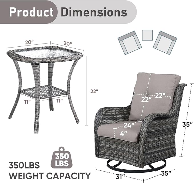 Patio Wicker Chairs Swivel Rocker,3 Pieces Patio Furniture Set with 360 Degree Wicker Swivel Rocking Chairs and Side Table for Garden,Porch,Backyard