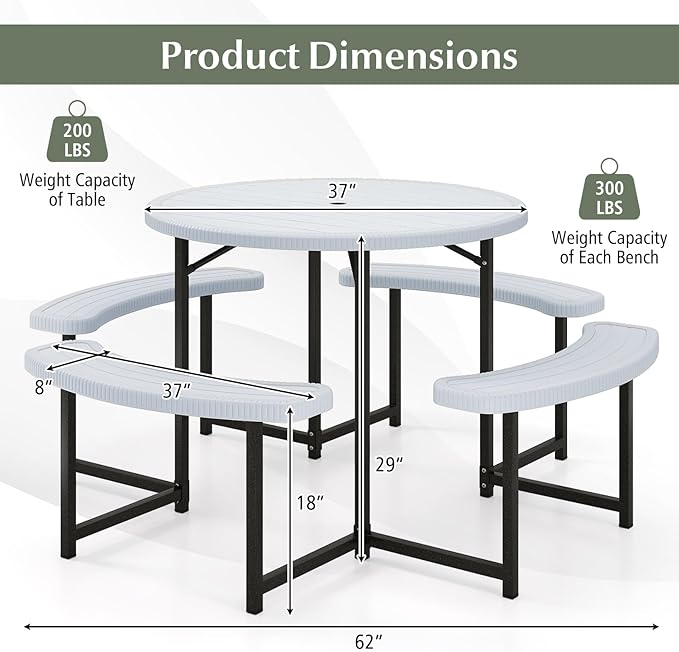 Giantex Picnic Table Bench Set for 4-8 Person, Round 37” Outdoor Dining Table w/Umbrella Hole, HDPE Tabletop, Metal Frame, Patio Furniture Set for Backyard Porch Lawn, 1400lb Capacity (White,Round)